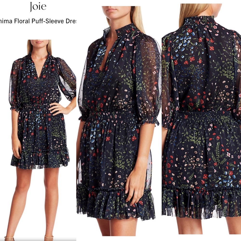 * FINAL PRICE  Joie Shima Dress Floral Print sheer puff sleeve,ruffle dress